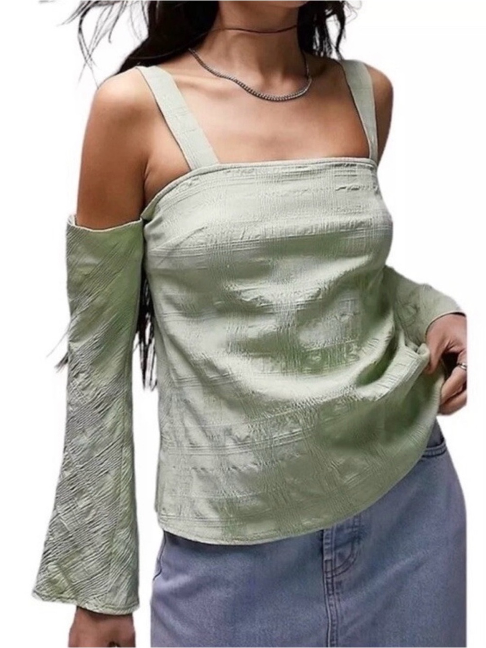 Top Shop Cold-Shoulder Square Neck Women’s Top in Sage Green